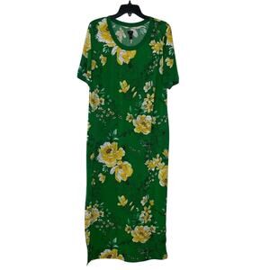 G.I.L.I Green Floral Shift Maxi Dress L Stretchy Tropical Resort Vacation